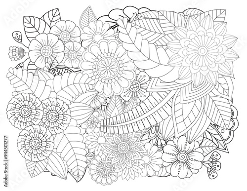  Floral picture in black and white for adult coloring books. Coloring page of monochrome flowers and leafs. Doodles pattern, Page for coloring book. Outline flowers. Doodles in black and white