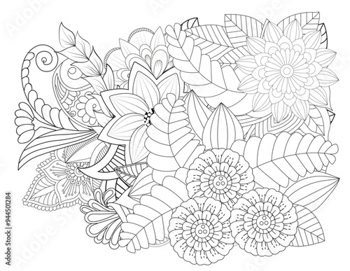  Floral picture in black and white for adult coloring books. Coloring page of monochrome flowers and leafs. Doodles pattern, Page for coloring book. Outline flowers. Doodles in black and white
