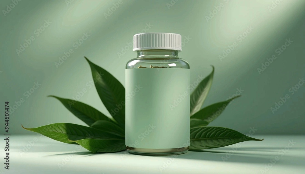 White Plastic Bottle on Light Green Surface with Plant in Peaceful Natural Setting White Plastic Bottle on Light Green Surface with Plant in Peaceful Natural Setting