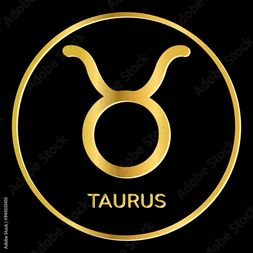 Taurus zodiac sign icon. Golden shine symbol isolated on black background.  Astrological, zodiacal horoscope. Tattoo image,  logo. Vector illustration.