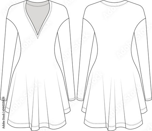 drop shoulder long sleeve curved v neck fit and flared short mini a line dress template technical drawing flat sketch cad mockup fashion woman design style model

