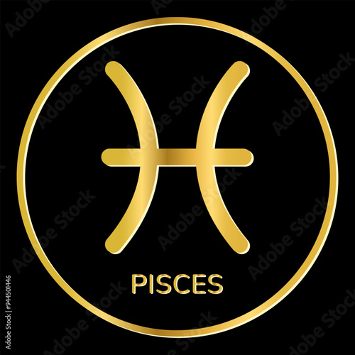 Pisces zodiac sign icon. Golden shine symbol isolated on black background. Tattoo image, astrological, zodiacal horoscope. Vector illustration.