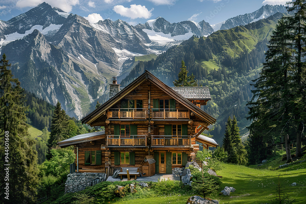 A large wooden house with a balcony overlooking a snowy mountain. A large wooden house with a balcony overlooking a snowy mountain.
