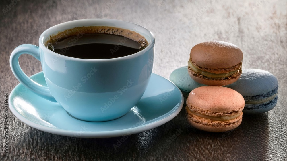 A cup of coffee and macarons. A cup of coffee and macarons.
