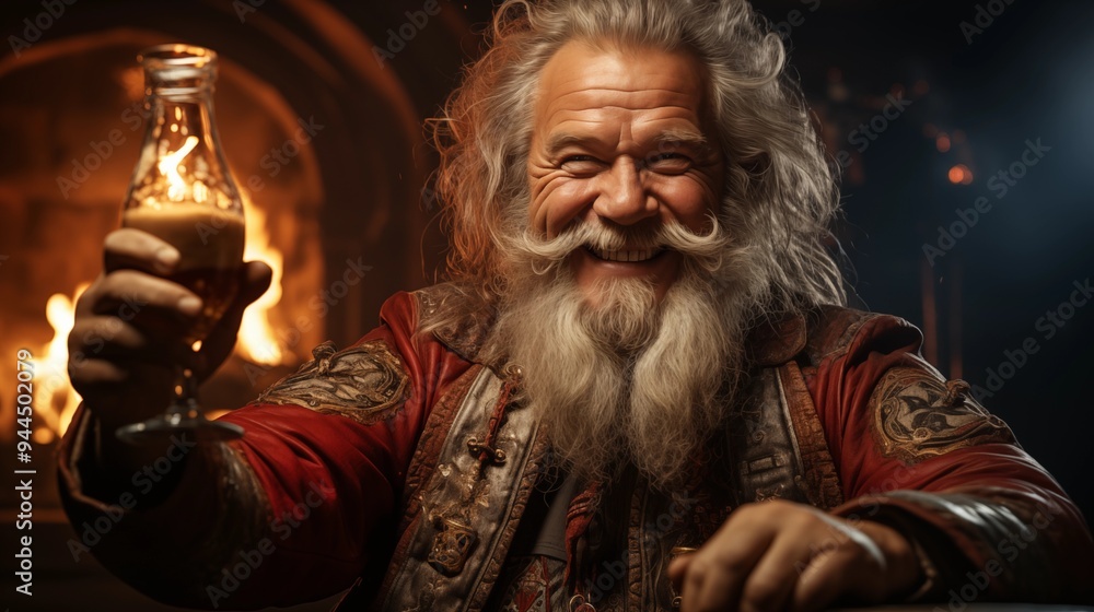 Expressive alternative Santa Claus near fireplace celebrating christmas Expressive alternative Santa Claus near fireplace celebrating christmas