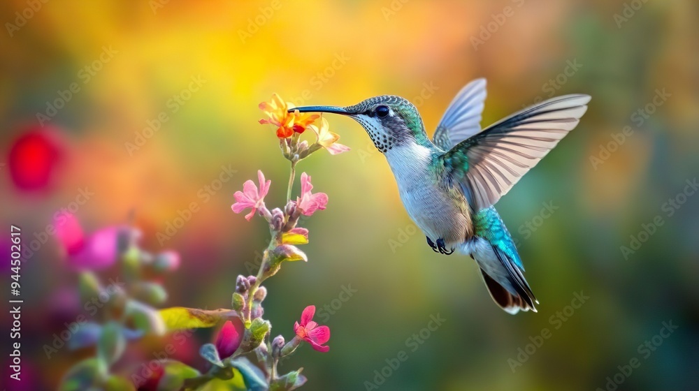 Fototapeta premium Colorful hummingbird feeding on flowers perfect for dynamic and lively bird images
