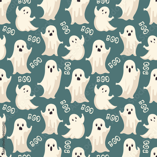 Seamless Halloween illustration with ghosts and threatening inscriptions Boo on a blue-green background. Print on wrapping paper, greeting cards, textiles, backgrounds.