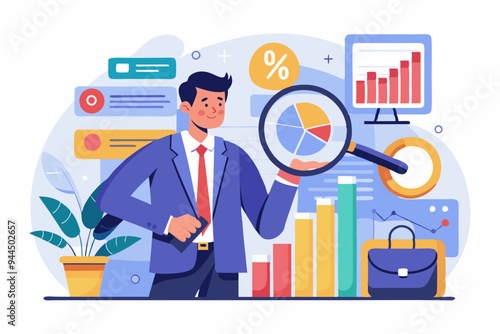 Benchmark performance or KPI key performance indicator, metrics or measurement to measure success, result evaluation, analysis or comparison concept, businessman magnify benchmark metric graph scale. 