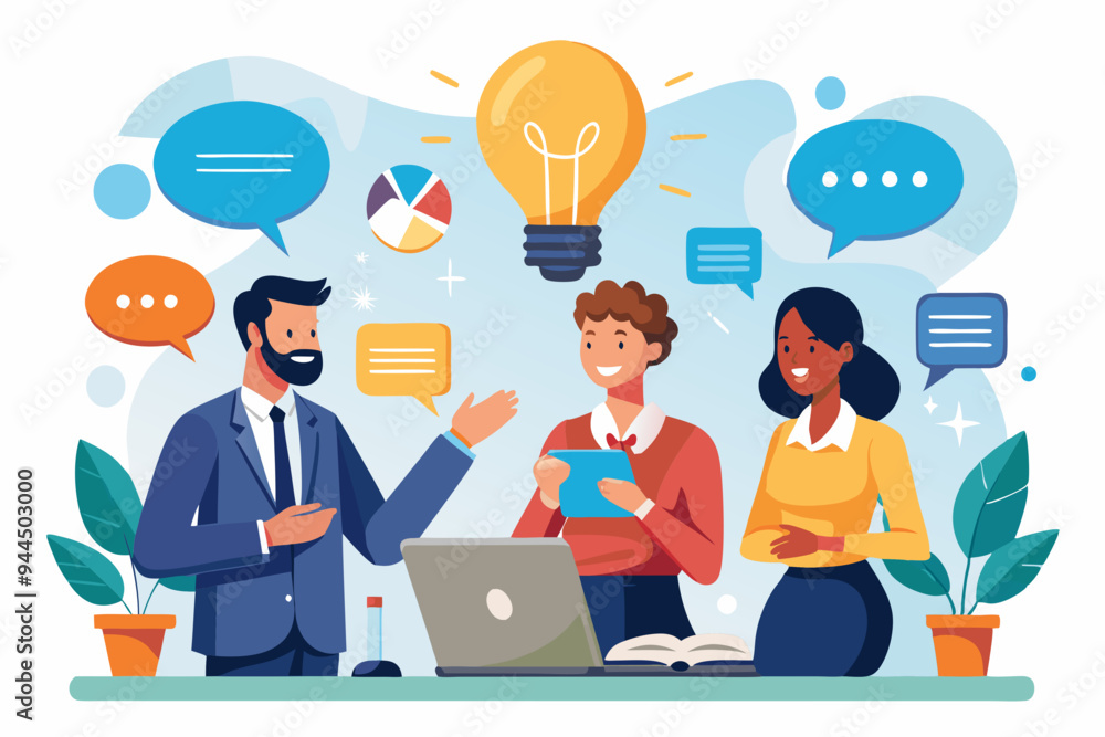 Effective communication, meeting discussion or conversation solution, speak or telling intelligence information, team opinion new idea concept, business people discuss with lightbulb speech bubble. S
Effective communication, meeting discussion or conversation solution, speak or telling intelligence information, team opinion new idea concept, business people discuss with lightbulb speech bubble. S