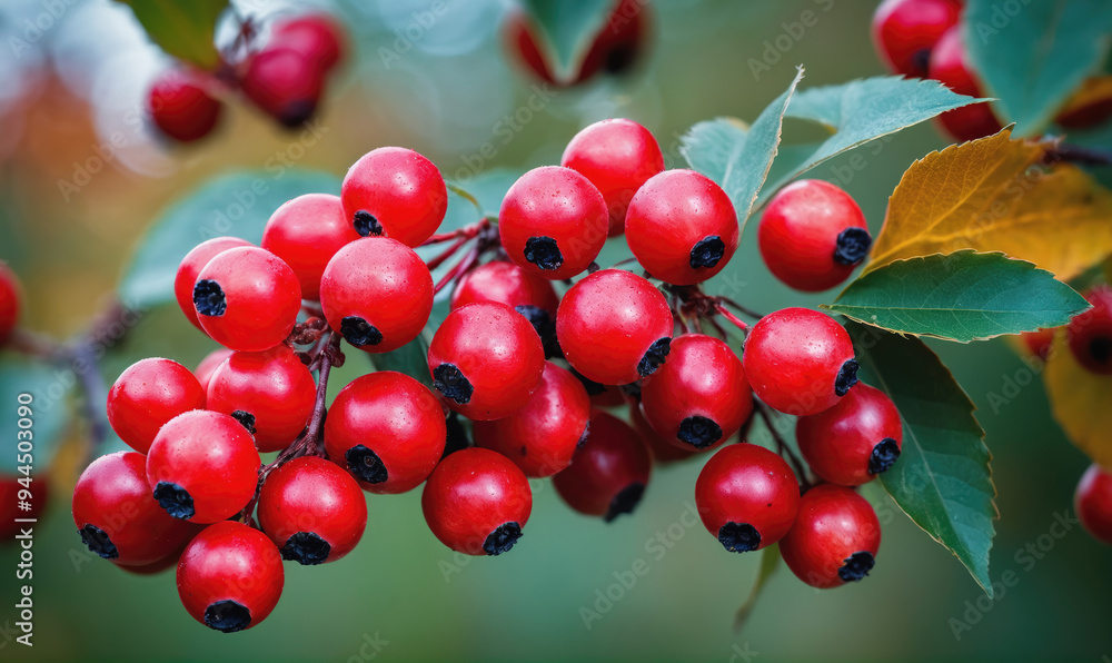 A cluster of red berries hangs from a branch in the fall A cluster of red berries hangs from a branch in the fall