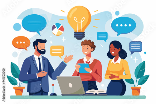 Effective communication, meeting discussion or conversation solution, speak or telling intelligence information, team opinion new idea concept, business people discuss with lightbulb speech bubble. S
