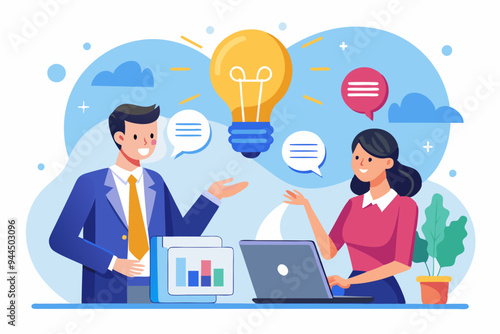 Effective communication, meeting discussion or conversation solution, speak or telling intelligence information, team opinion new idea concept, business people discuss with lightbulb speech bubble. S
