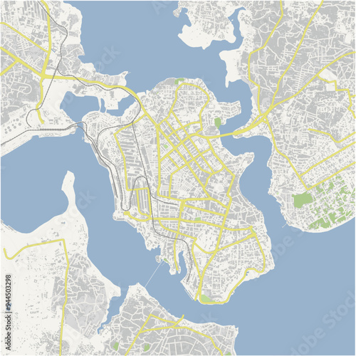 Road map of Mombasa in Kenya. Contains layered vector with roads water, parks, etc.