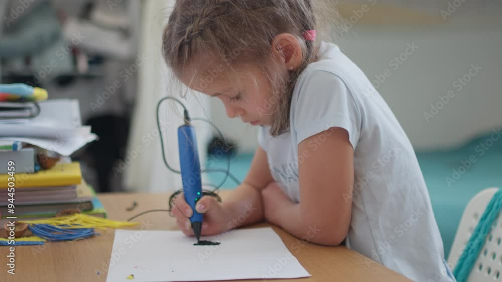 3D pen cute girl creating plastic 3D model, drawing. Smart child drawing with pen on paper at table. Technology. Robotics. STEM education. Modern technologies. 3D pen cute girl creating plastic 3D model, drawing. Smart child drawing with pen on paper at table. Technology. Robotics. STEM education. Modern technologies.