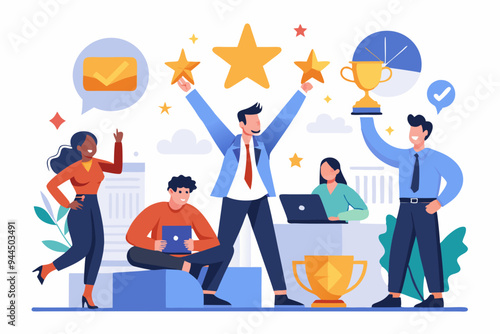 Employee engagement, commitment or motivation to success with company, staff dedication or job satisfaction, productivity or employee recognition, business people employee with stars and happy reward.