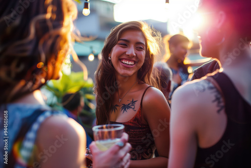 Young woman smiling and enjoying a lively evening with friends at an outdoor gathering under warm, festive lights photo