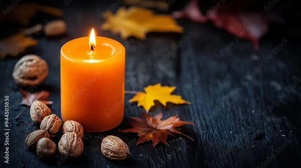 Cozy autumn candle surrounded by walnuts and colorful leaves on a rustic wooden table during the fall season Cozy autumn candle surrounded by walnuts and colorful leaves on a rustic wooden table during the fall season
