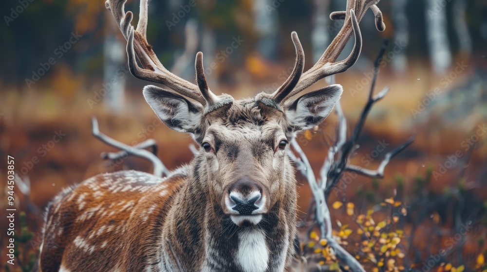 Majestic Deer with Antlers in Autumn Forest. Majestic Deer with Antlers in Autumn Forest.
