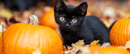 Wallpaper Mural Black kitten with large golden eyes sitting among pumpkins. Torontodigital.ca