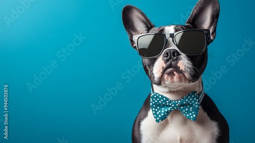 Boston Terrier wearing sunglasses and a bow tie 