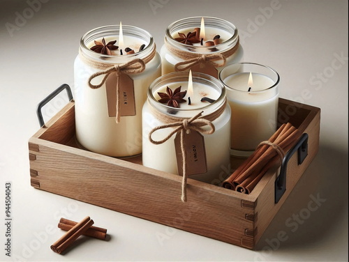 Three white scented candles with brown bows tied around them, placed inside a wooden tray with black metal handles. The candles are adorned with star anise and cinnamon sticks, evoking a cozy, aromati photo