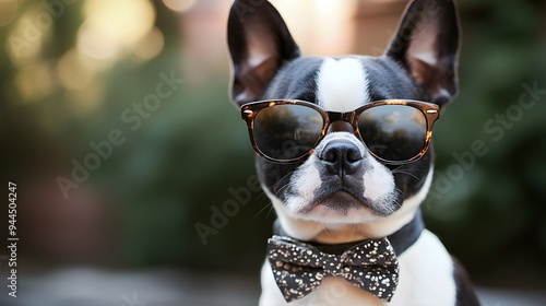 Boston Terrier wearing sunglasses and a bow tie 