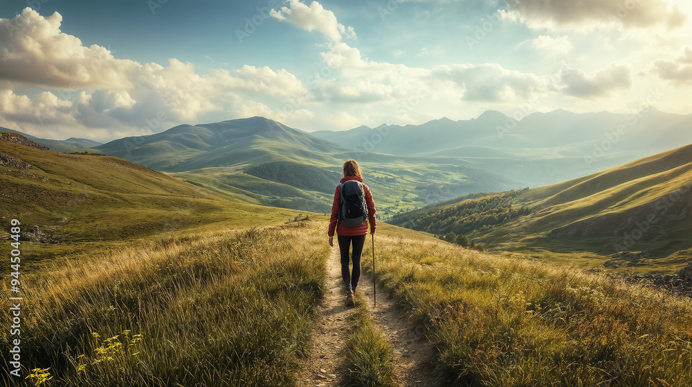Obraz premium Rear view of a woman hiking in beautiful mountains in autumn