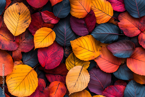 A collection of colorful autumn leaves in shades of red, orange, yellow, and dark blue, creating a vibrant seasonal pattern. 