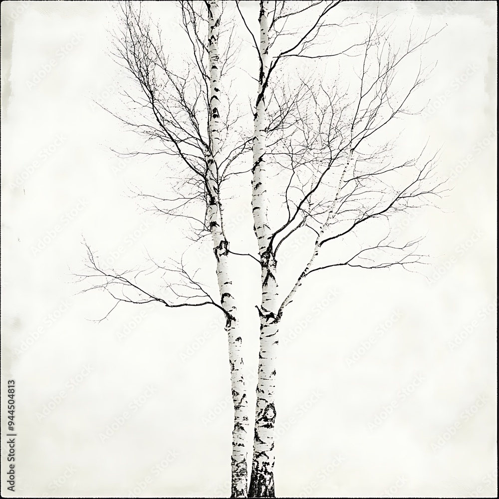 Fototapeta premium Two Birch Trees with Bare Branches Against a White Sky