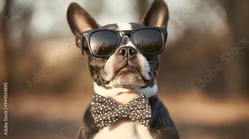 Boston Terrier wearing sunglasses and a bow tie
