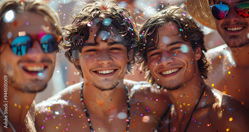 Three men celebrate with smiles and confetti. photo