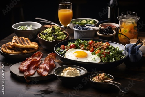 Brunch spread with a variet of dishes pastries. Village Breakfast with pastries, vegetables, greens, spreads, cheeses, fried eggs, jams. 