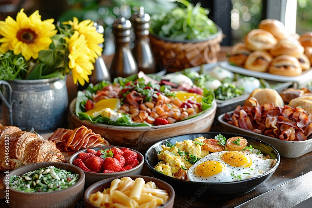Brunch spread with a variet of dishes pastries. Village Breakfast with pastries, vegetables, greens, spreads, cheeses, fried eggs, jams.
Brunch spread with a variet of dishes pastries. Village Breakfast with pastries, vegetables, greens, spreads, cheeses, fried eggs, jams.