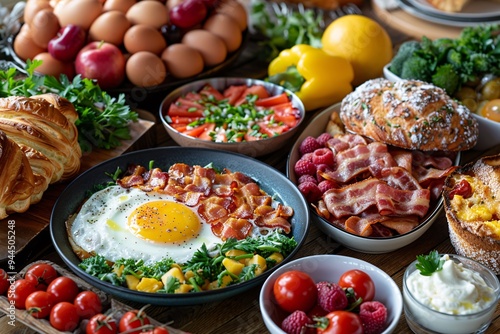 Brunch spread with a variet of dishes pastries. Village Breakfast with pastries, vegetables, greens, spreads, cheeses, fried eggs, jams.
 photo