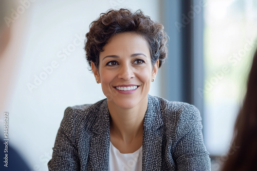 a smiling mid age mixed race female businesswoman, banker, financial director sitting in the office at the table, looking at the camera.  photo