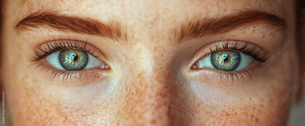 Naklejka premium Close-up of green eyes with freckles.