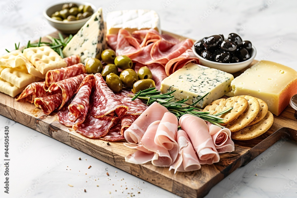 Antipasto platter with prosciutto crudo or jamon, ham, salami, cheese, olives and grapes. Elegant charcuterie board with a variety of cured meat.
Antipasto platter with prosciutto crudo or jamon, ham, salami, cheese, olives and grapes. Elegant charcuterie board with a variety of cured meat.