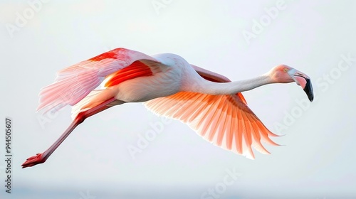 Pink Flamingo in Flight with Spread Wings.