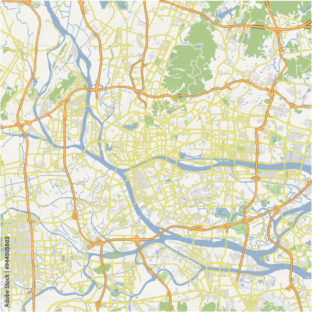 Fototapeta premium Road map of Guangzhou in China. Contains layered vector with roads water, parks, etc.