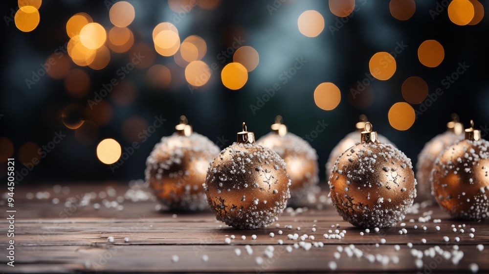 Fototapeta premium Festive Baubels with Snow and Bokeh. Premium Gold and Silver Christmas Background.