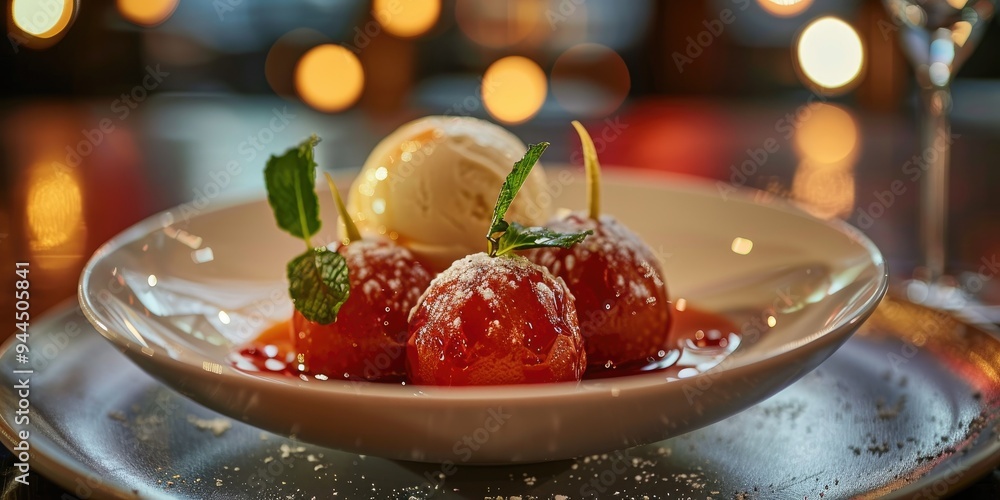 Traditional Indian Dessert Gulab Jamun Served with Vanilla Ice Cream Traditional Indian Dessert Gulab Jamun Served with Vanilla Ice Cream