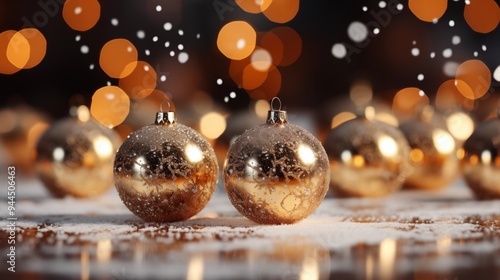 Festive Baubels with Snow and Golden Bokeh. Luxury Gold and Silver Christmas Background. photo