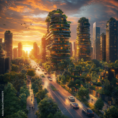 Green cities, planting on high rise towers green city living, future cities. Sunset.  #944506479