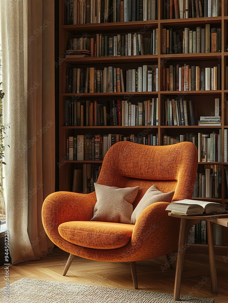 Charming and comfortable upholstered chair placed beside a tall bookshelf for a perfect reading nook photo Charming and comfortable upholstered chair placed beside a tall bookshelf for a perfect reading nook photo