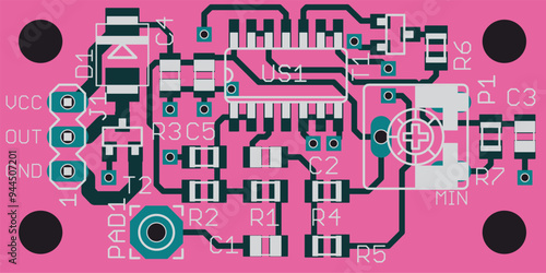 Vector printed circuit board of electronic 
device with components of radio elements, 
conductors and contact pads placed on pcb. 
Engineering technical drawing.