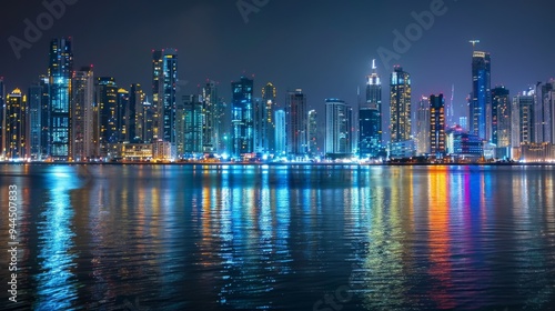 Wallpaper Mural Night city skyline with skyscrapers and buildings lit by blue lights Torontodigital.ca