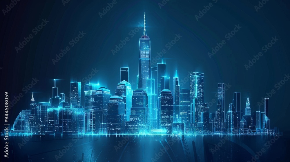 A futuristic cityscape with skyscrapers and digital data streams A futuristic cityscape with skyscrapers and digital data streams
