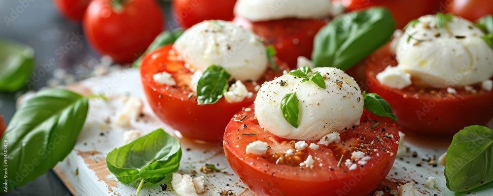 Fresh tomatoes stuffed with creamy cheese, topped with basil leaves and a drizzle of olive oil. Free copy space for banner. Fresh tomatoes stuffed with creamy cheese, topped with basil leaves and a drizzle of olive oil. Free copy space for banner.