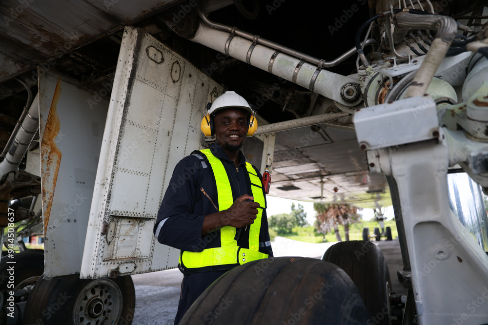The black male aircraft mechanics use hand tools to work on inspection and do maintenance of an airplane, Aircraft technician examining a plane in the hangar The black male aircraft mechanics use hand tools to work on inspection and do maintenance of an airplane, Aircraft technician examining a plane in the hangar