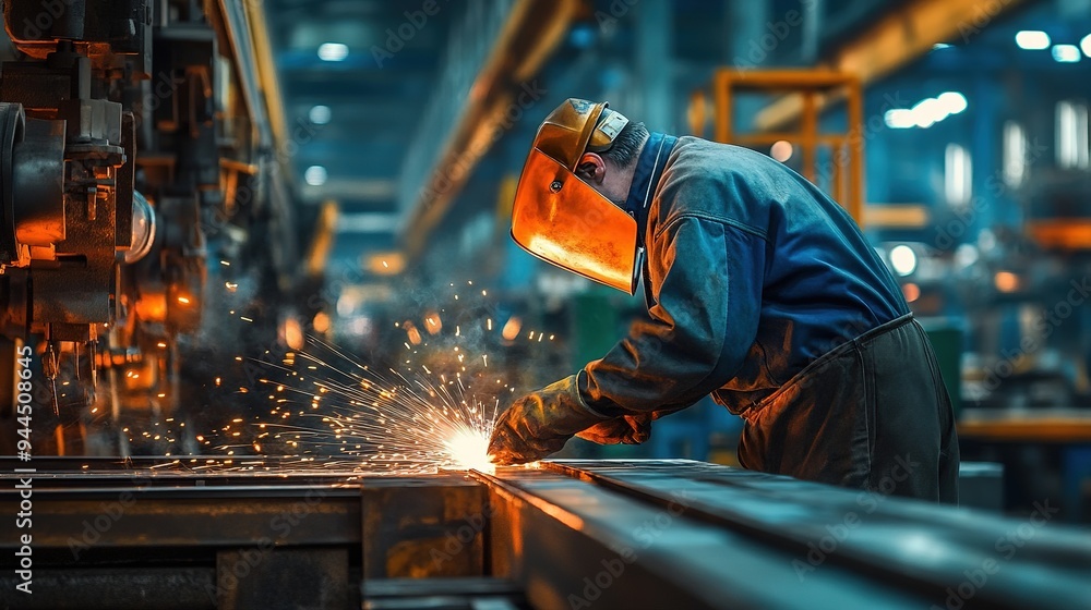 A welder in a factory welding a metal joint with intense concentration A welder in a factory welding a metal joint with intense concentration